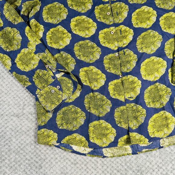 STENSTROMS Men's Lime Green Navy Floral Linen Long Sleeve Button Down Shirt XL - Picture 3 of 10